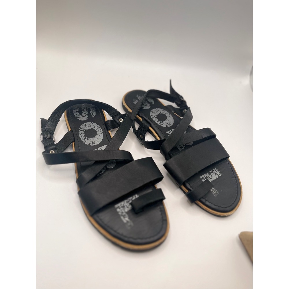 Sorel Ella Sandal Black Leather Strappy Toe Loop Flat Sandals Womens 9.5